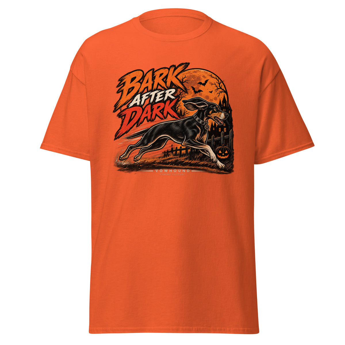 Bark After Dark Halloween dog graphic T-shirt by VOWHOUND in Orange