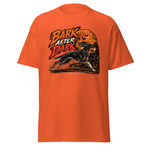 Bark After Dark Halloween dog graphic T-shirt by VOWHOUND in Orange