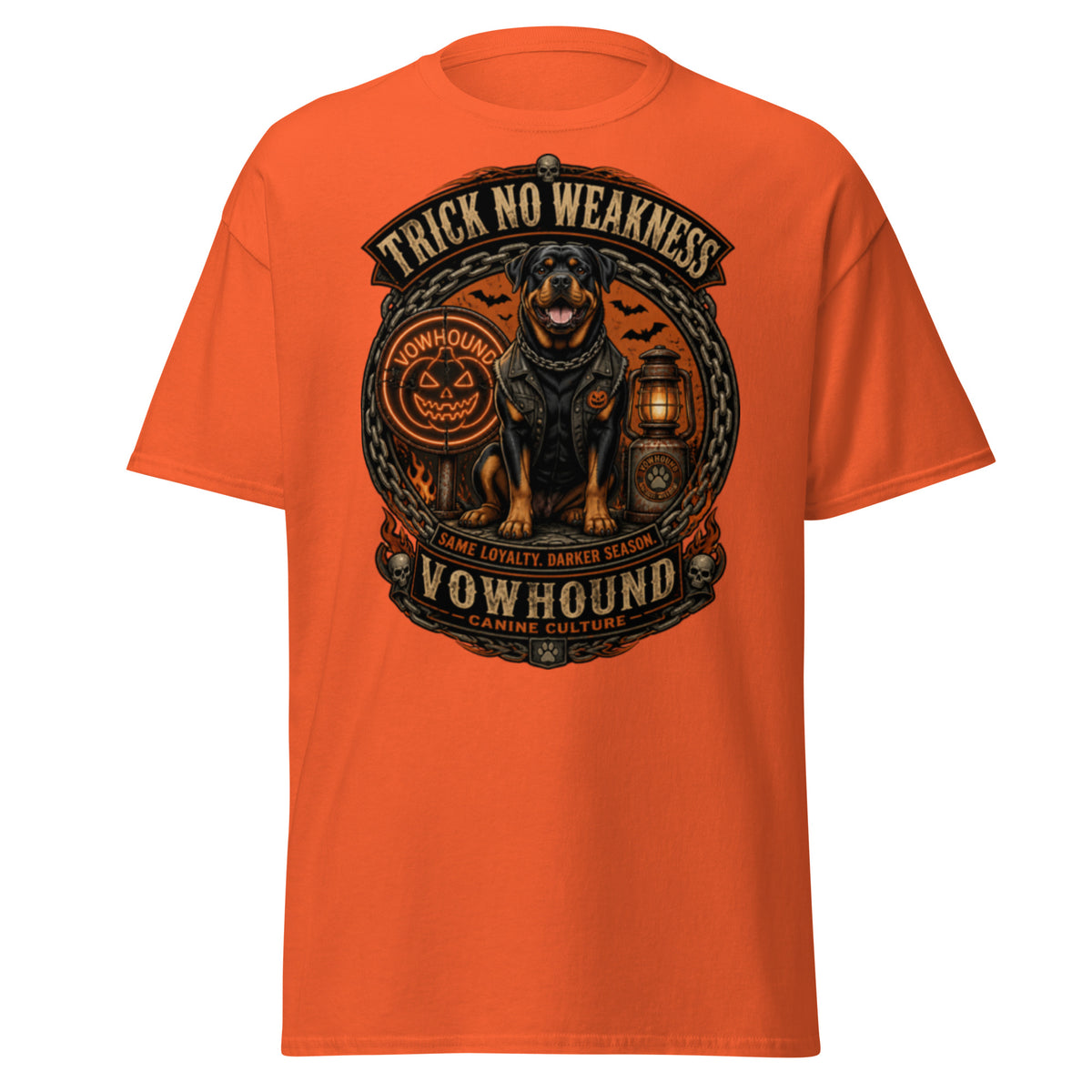 Will Trick for Treats Halloween dog graphic T-shirt by VOWHOUND in Orange
