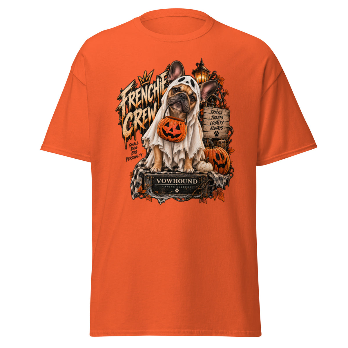 Frenchie Crew Tricks and Treats Halloween graphic T-shirt by VOWHOUND in Orange