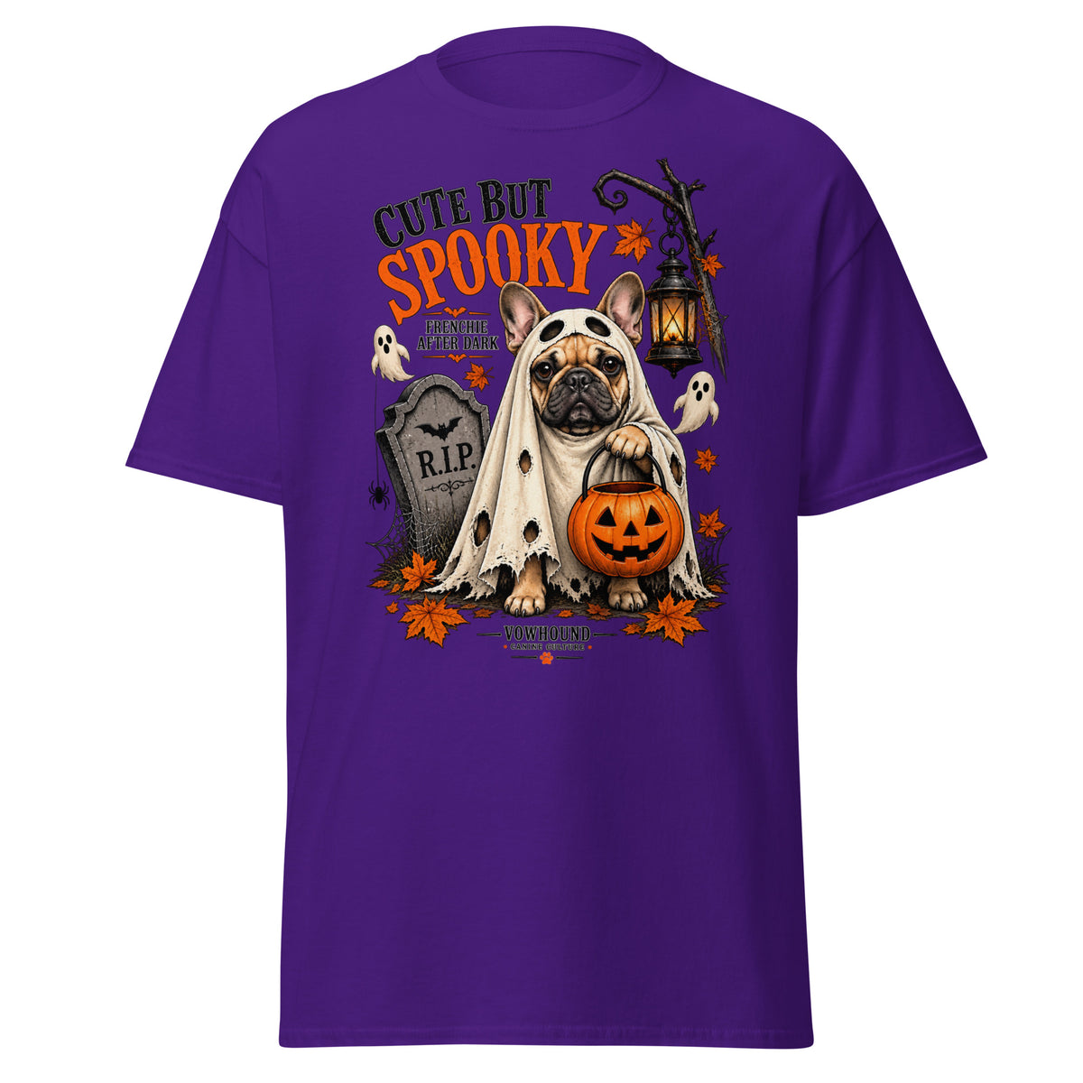 French Bulldog Frenchie After Dark Halloween graphic T-shirt by VOWHOUND in Purple