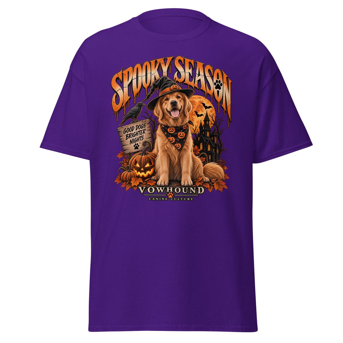 Spooky Season Halloween dog graphic T-shirt by VOWHOUND in Purple