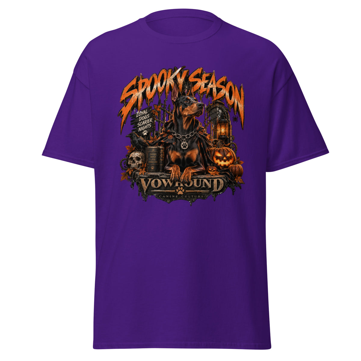 Loyal Dogs Scarier Nights Halloween graphic T-shirt by VOWHOUND in Purple
