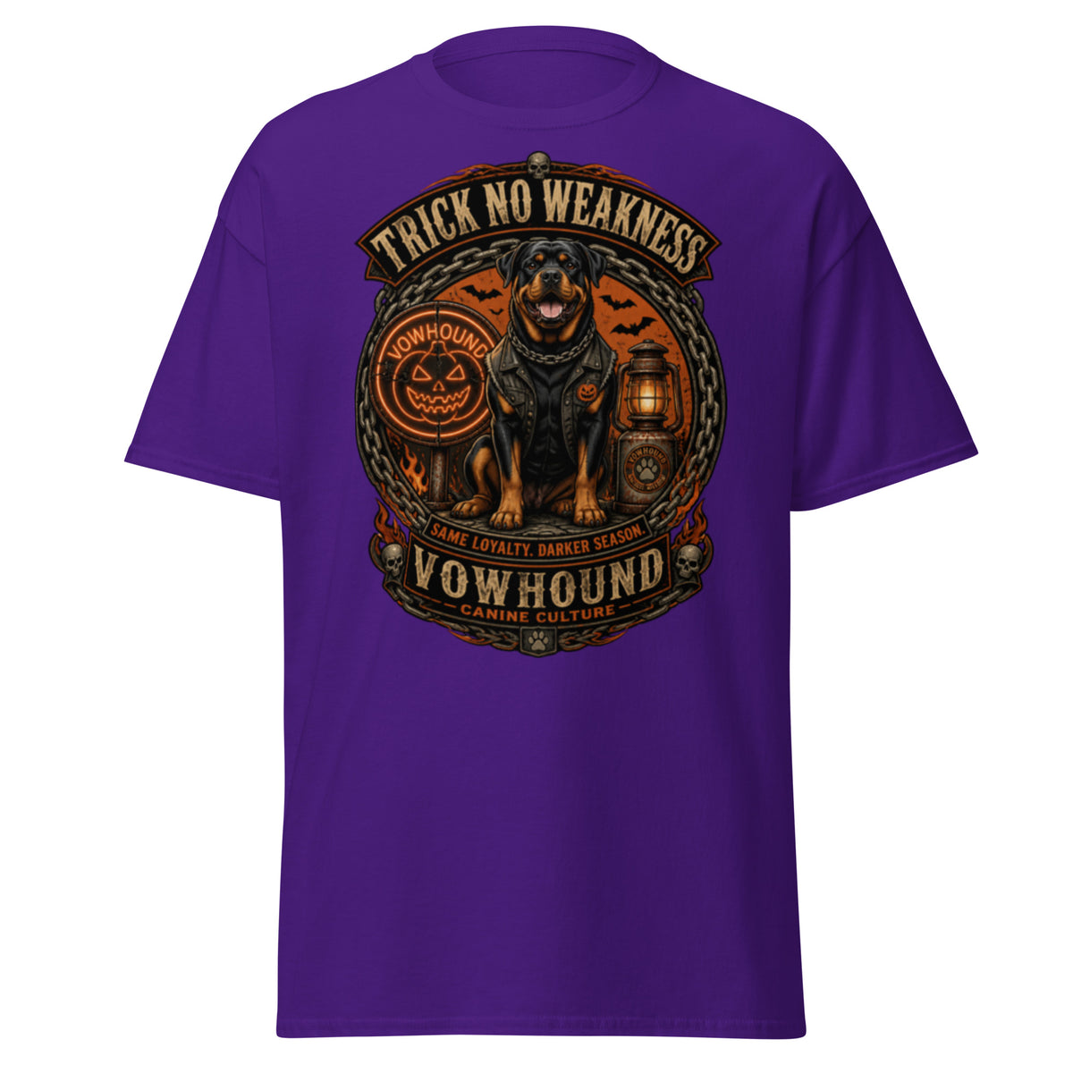 Will Trick for Treats Halloween dog graphic T-shirt by VOWHOUND in Purple