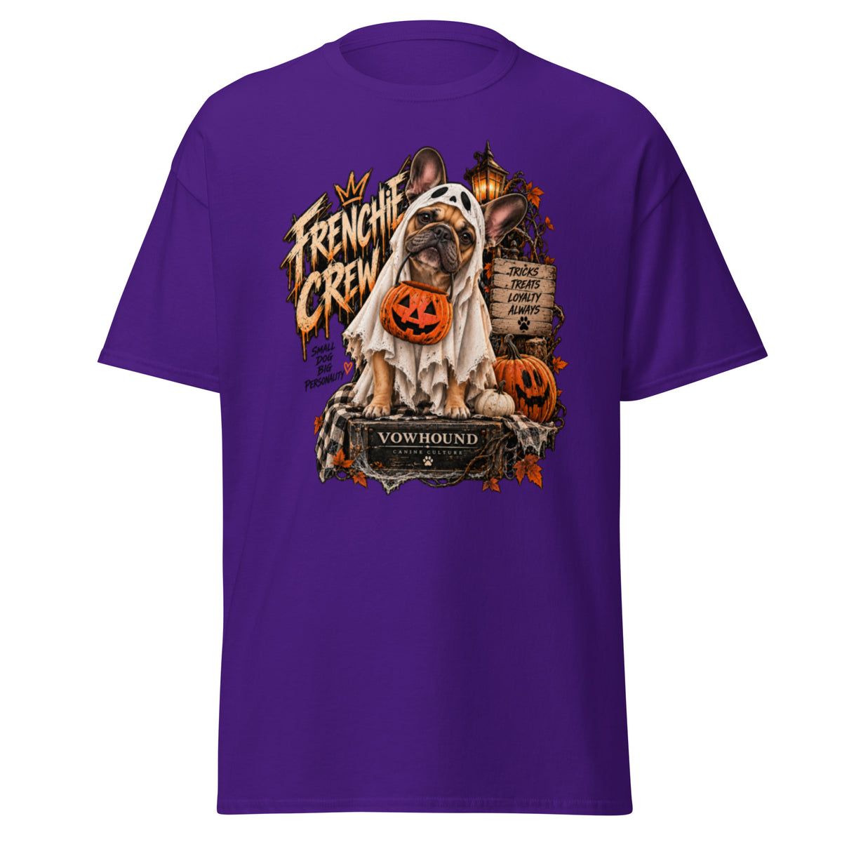 Frenchie Crew Tricks and Treats Halloween graphic T-shirt by VOWHOUND in Purple