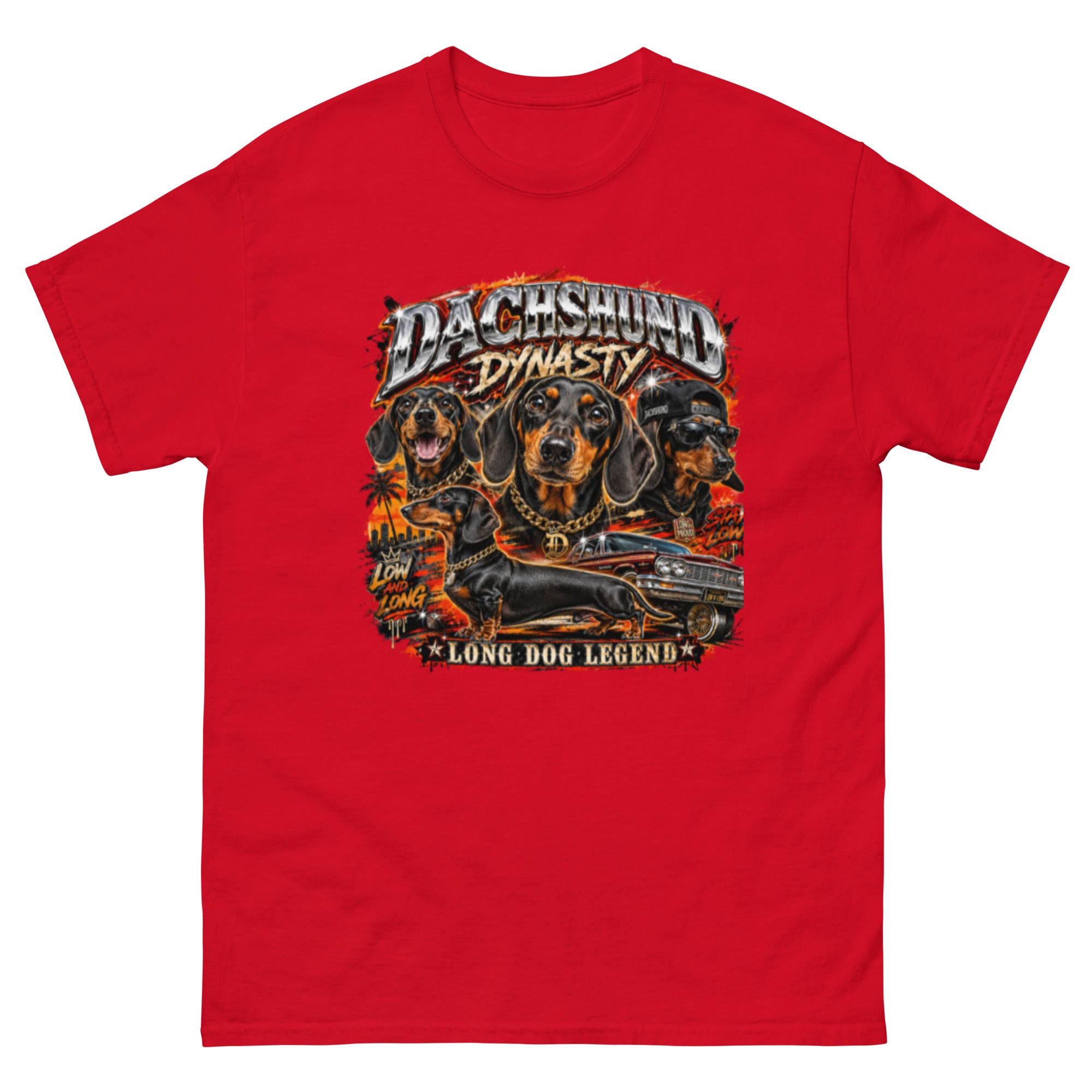 Red Dachshund Dynasty graphic T-shirt front view