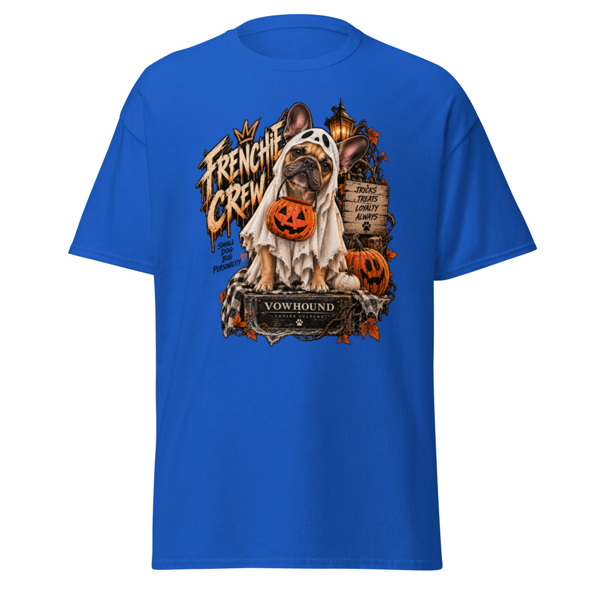 Frenchie Crew Tricks and Treats Halloween graphic T-shirt by VOWHOUND in Royal