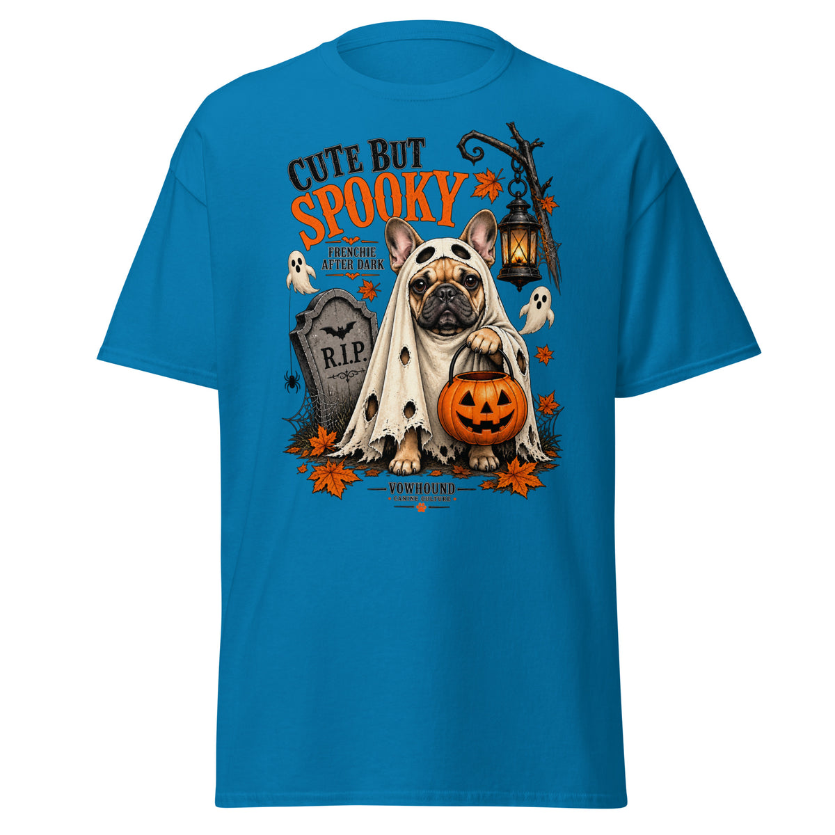 French Bulldog Frenchie After Dark Halloween graphic T-shirt by VOWHOUND in Sapphire