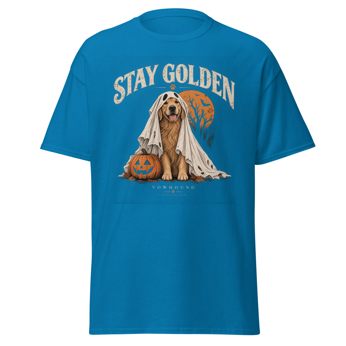 Golden Retriever Stay Golden Halloween graphic T-shirt by VOWHOUND in Sapphire