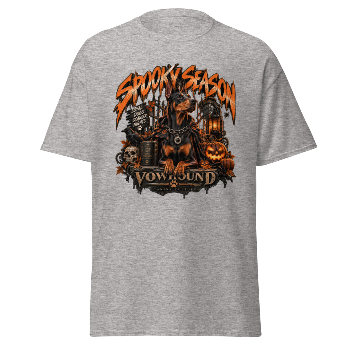 Loyal Dogs Scarier Nights Halloween graphic T-shirt by VOWHOUND in Sport Grey