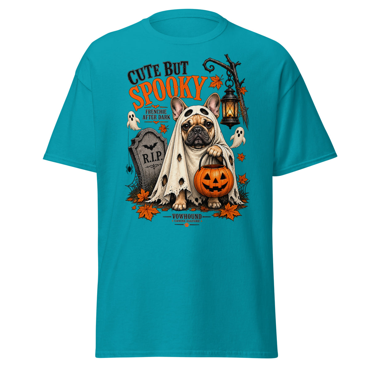 French Bulldog Frenchie After Dark Halloween graphic T-shirt by VOWHOUND in Tropical Blue
