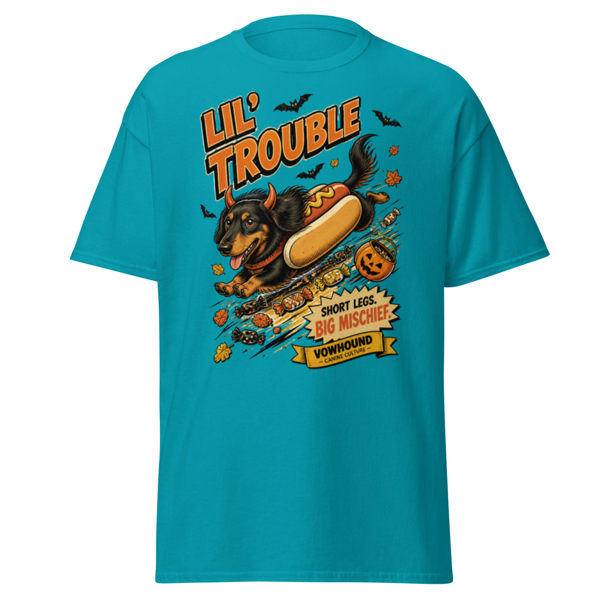 Dachshund Lil’ Trouble Halloween graphic T-shirt by VOWHOUND in Tropical Blue