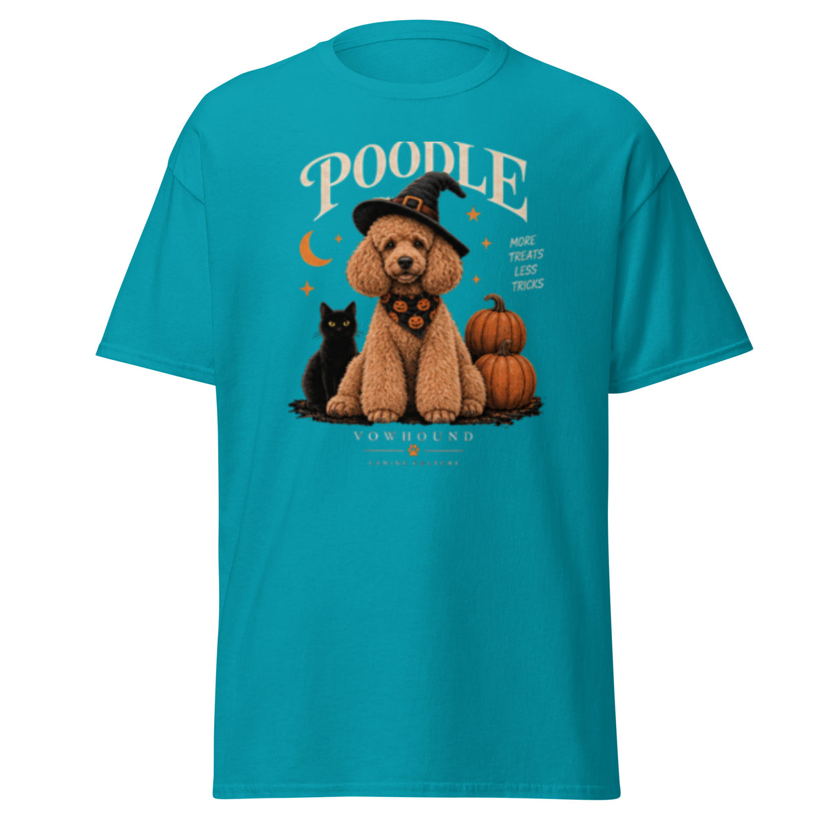 Poodle After Dark Halloween graphic T-shirt by VOWHOUND in Tropical Blue