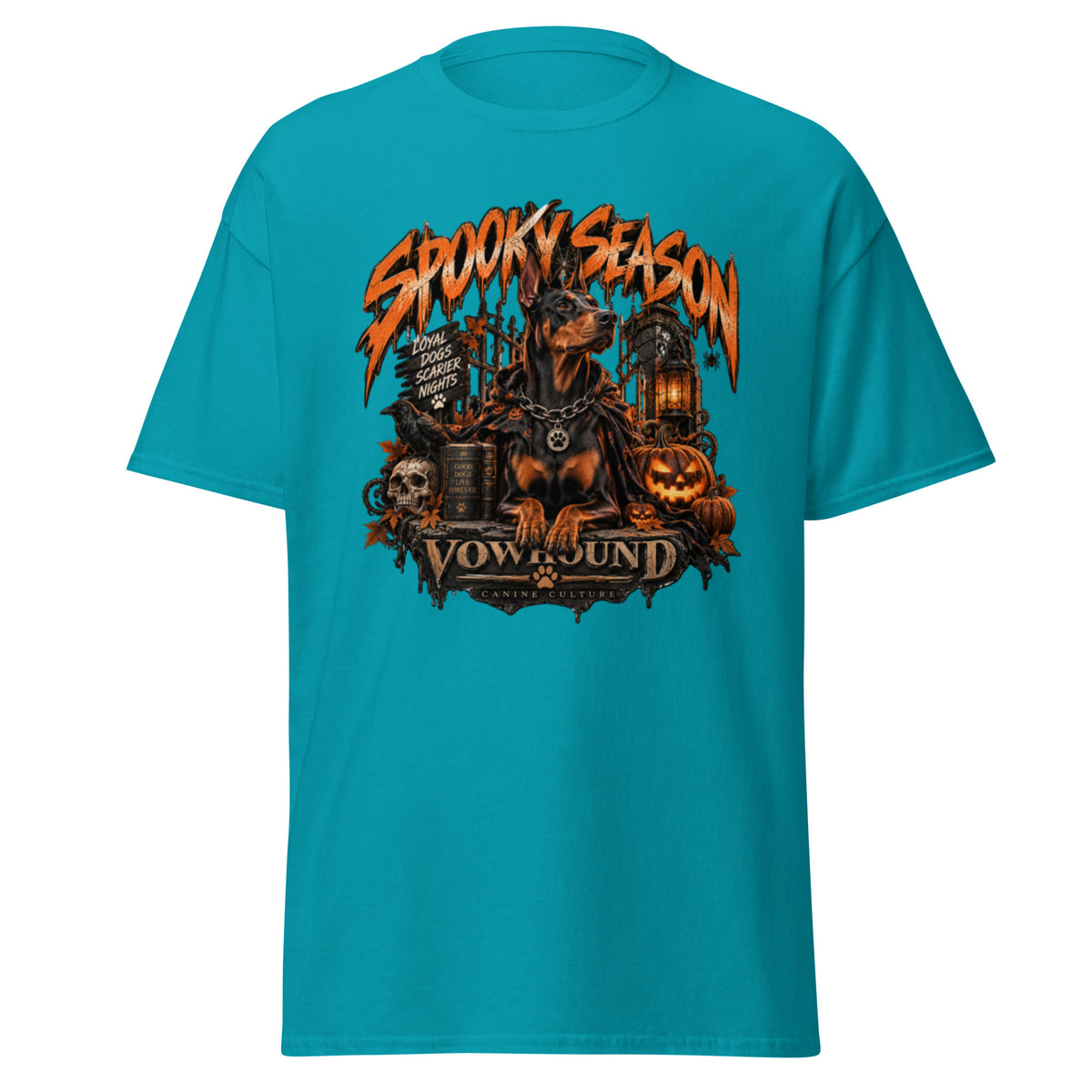 Loyal Dogs Scarier Nights Halloween graphic T-shirt by VOWHOUND in Tropical Blue