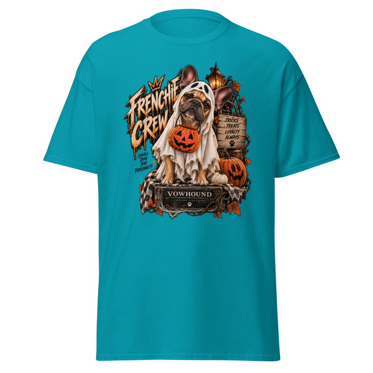 Frenchie Crew Tricks and Treats Halloween graphic T-shirt by VOWHOUND in Tropical Blue