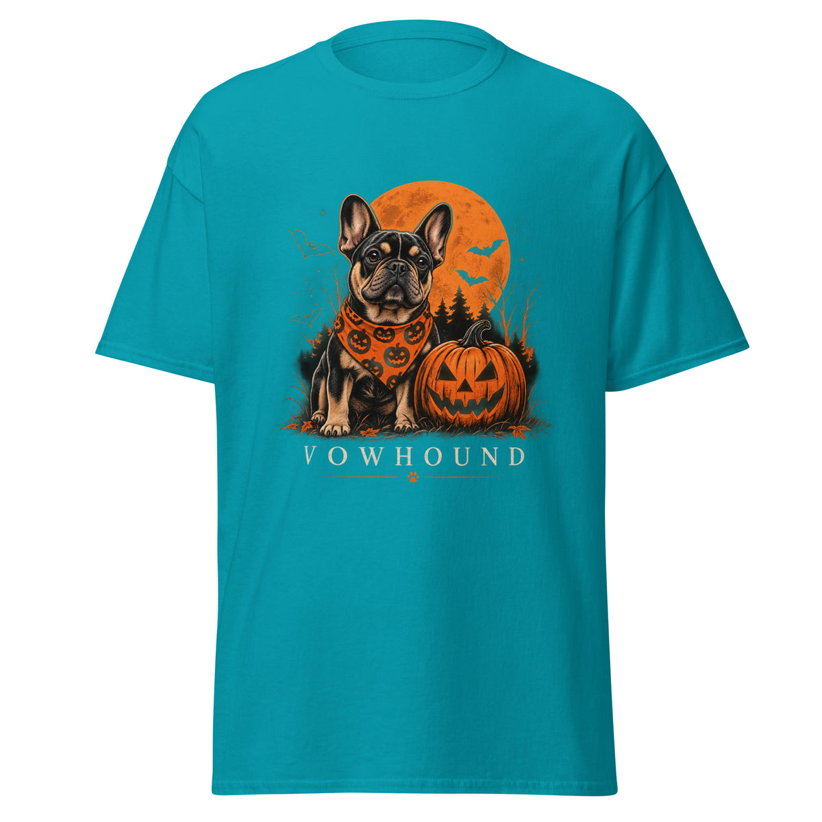 Tropical Blue French Bulldog Pumpkin Night Halloween T-Shirt product mockup