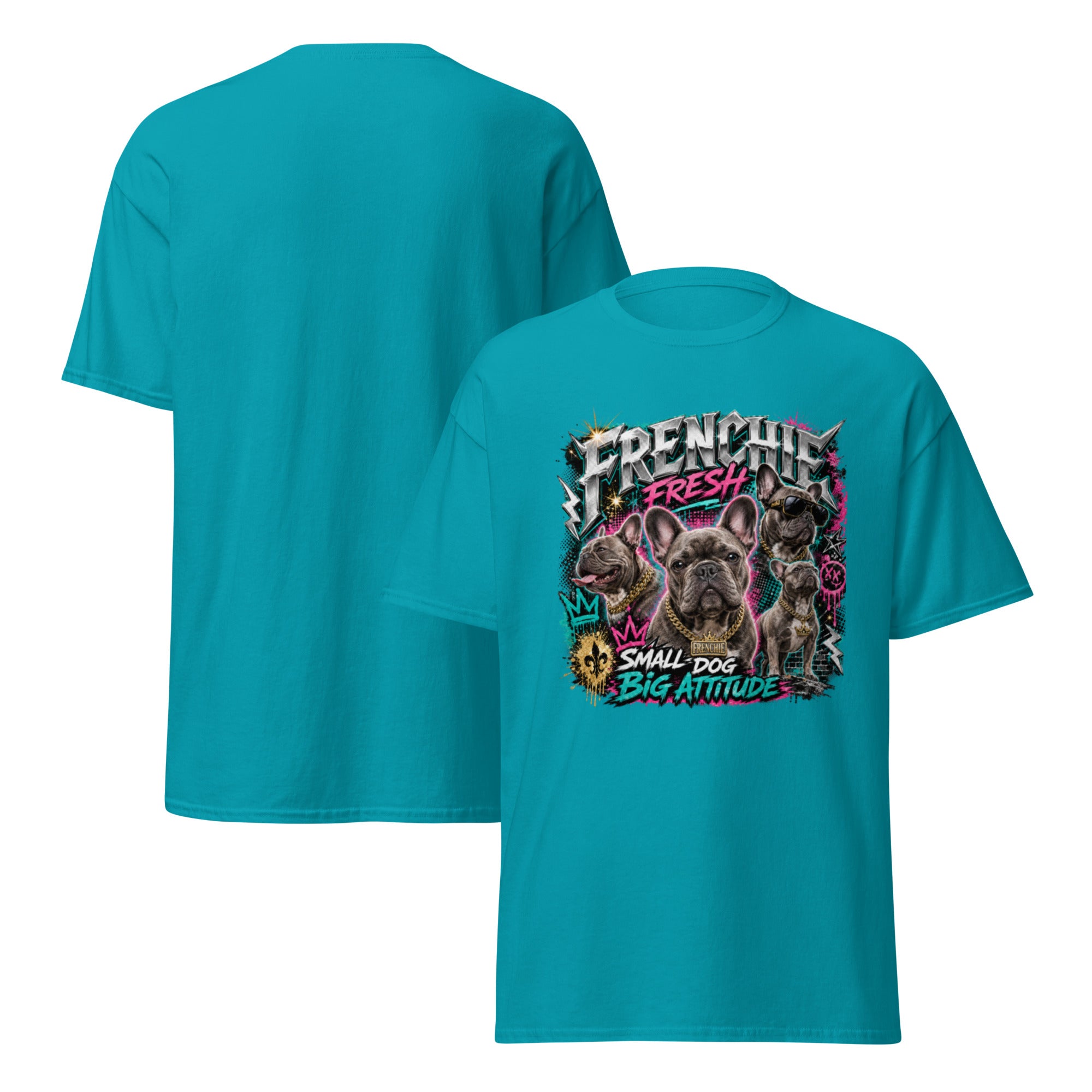 Tropical blue Frenchie Fresh T-shirt front-and-back view