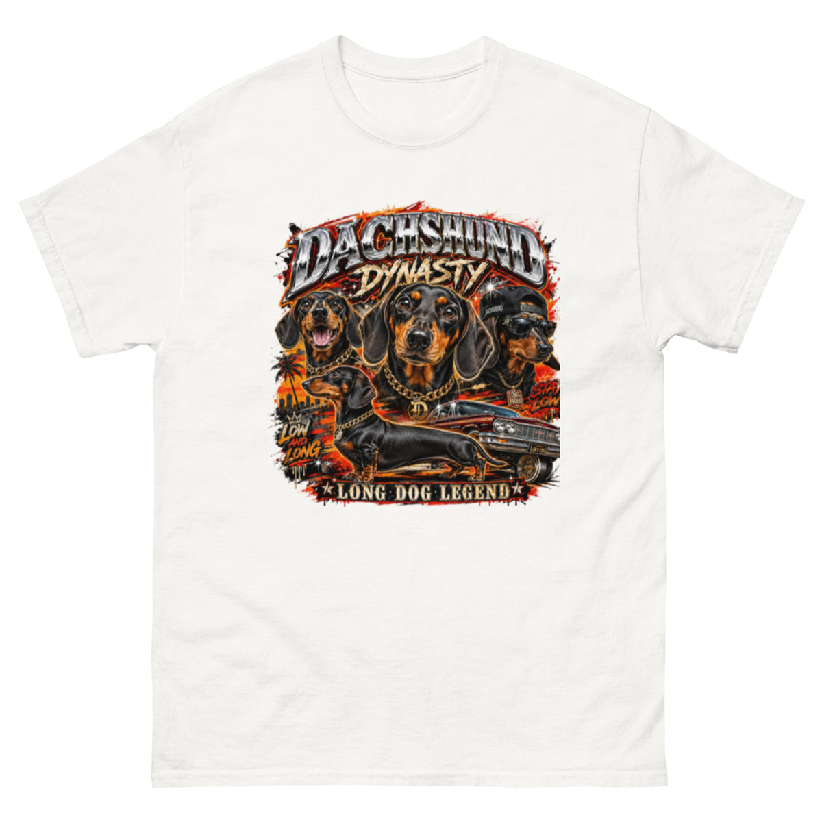 White Dachshund Dynasty graphic T-shirt front view