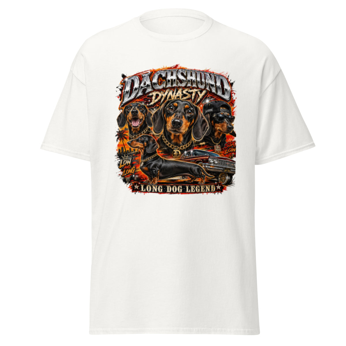 White Dachshund Dynasty T-shirt alternate front view