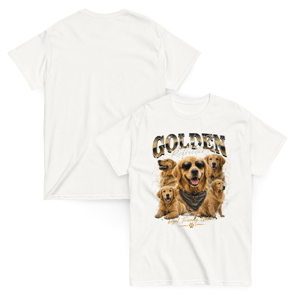 White Golden G Golden Retriever T-shirt front-and-back view
