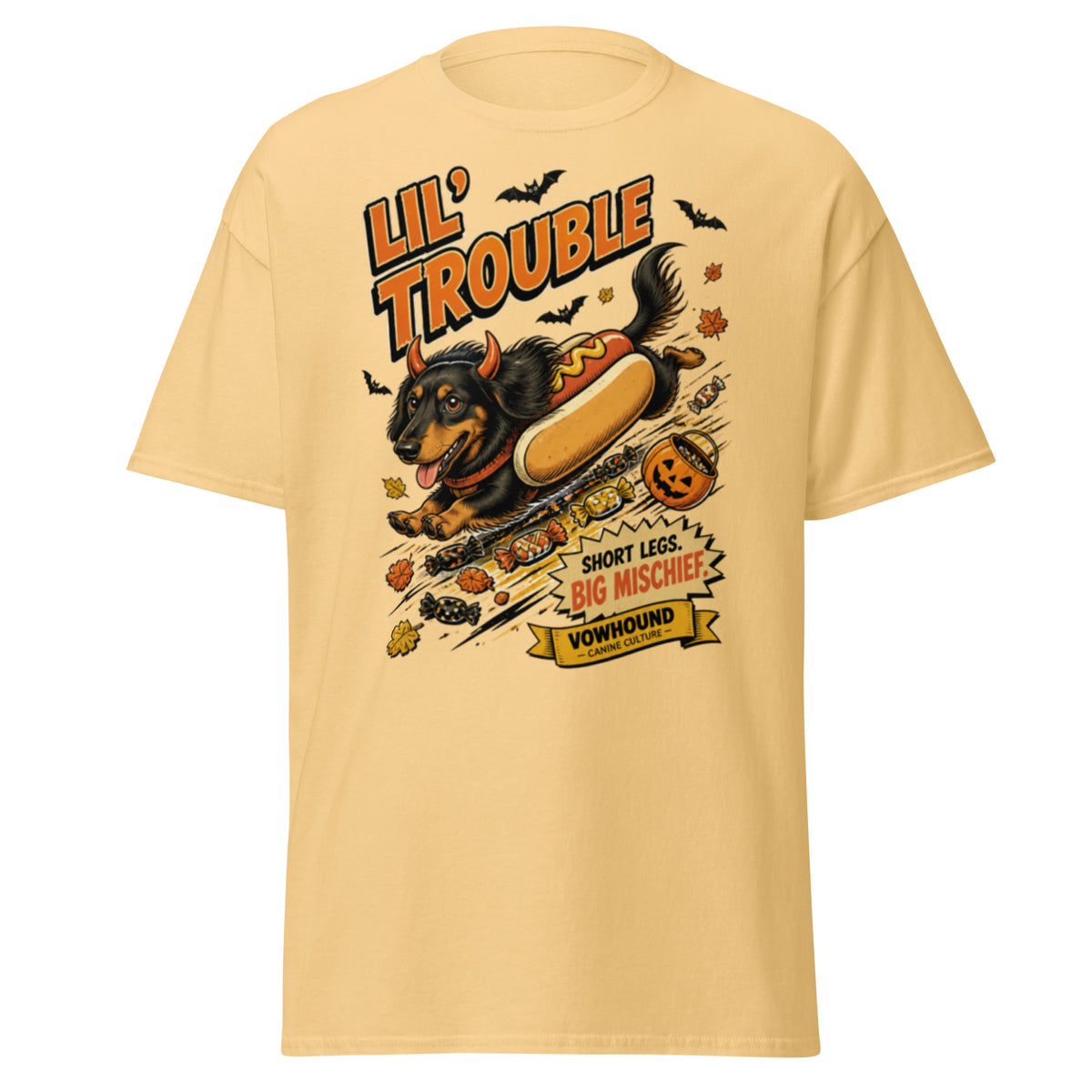 Dachshund Lil’ Trouble Halloween graphic T-shirt by VOWHOUND in Yellow Haze