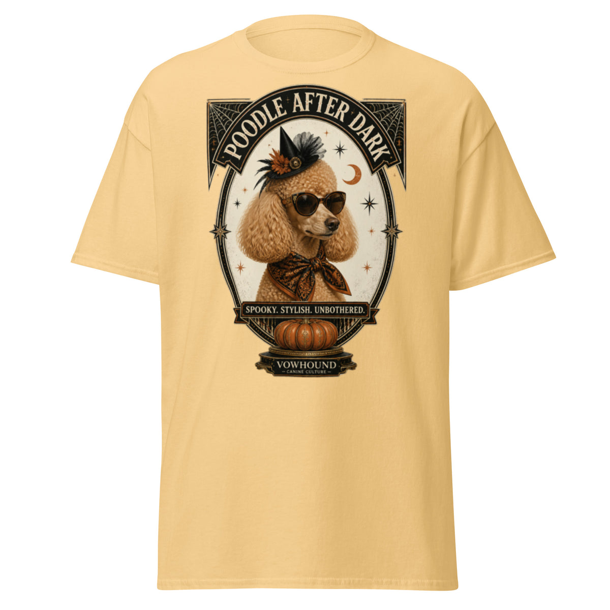 Poodle Spooky Stylish Unbothered Halloween graphic T-shirt by VOWHOUND in Yellow Haze