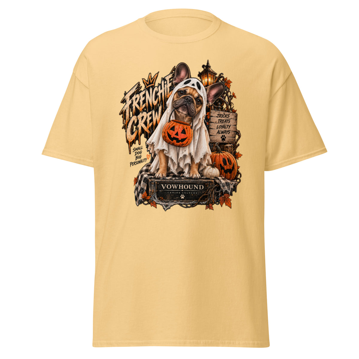 Frenchie Crew Tricks and Treats Halloween graphic T-shirt by VOWHOUND in Yellow Haze
